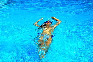 Shades-wearing brunette revealing her hairy pussy next to a pool